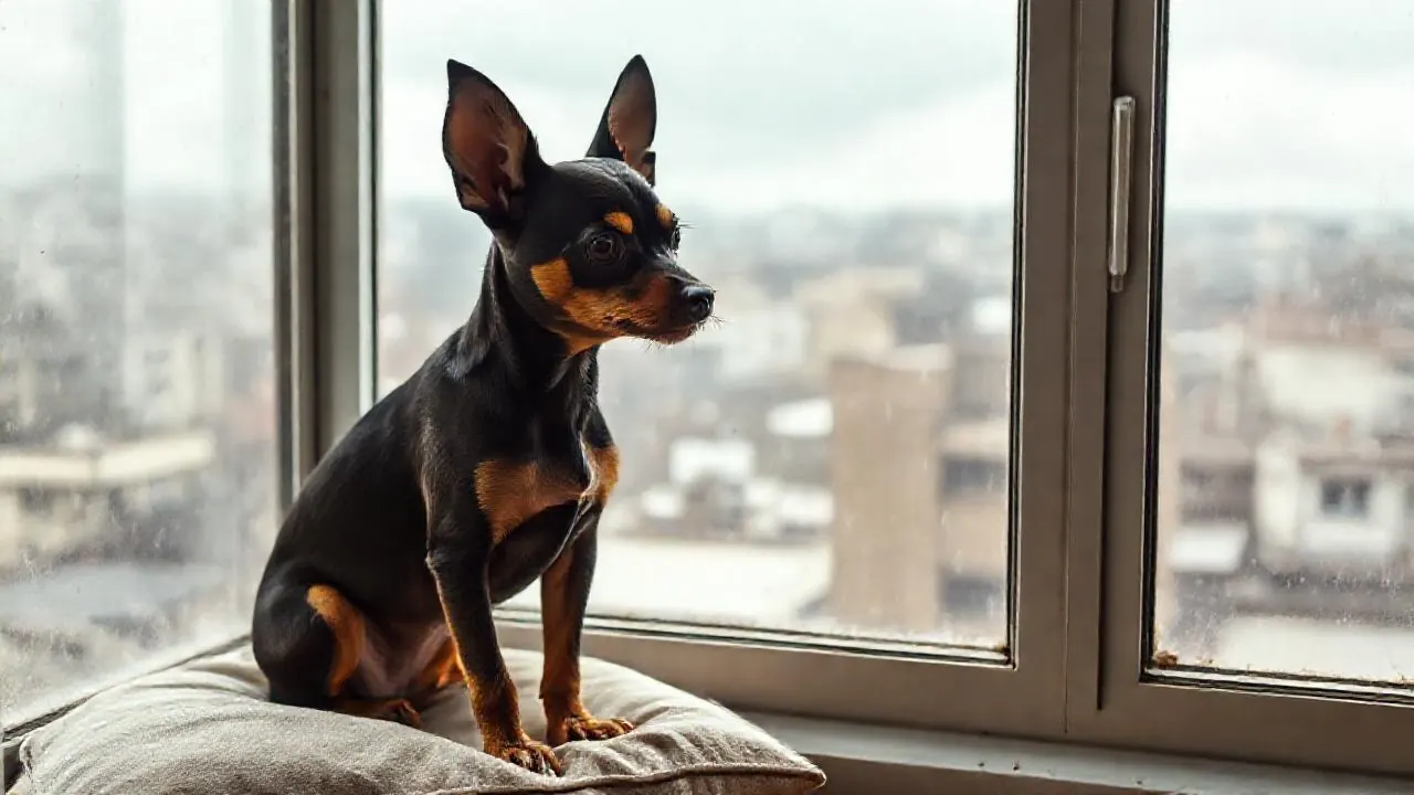 A Miniature Pinscher by a window in a Mumbai flat during monsoon, among the best dogs for Mumbai