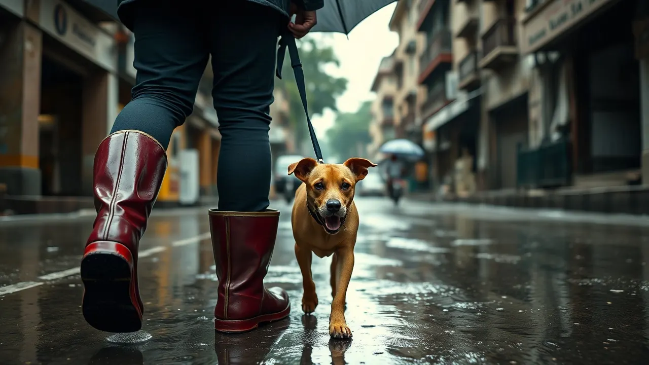 An owner in rain boots walking a short-coated dog in Mumbai monsoon rain, the best dog for Mumbai weather