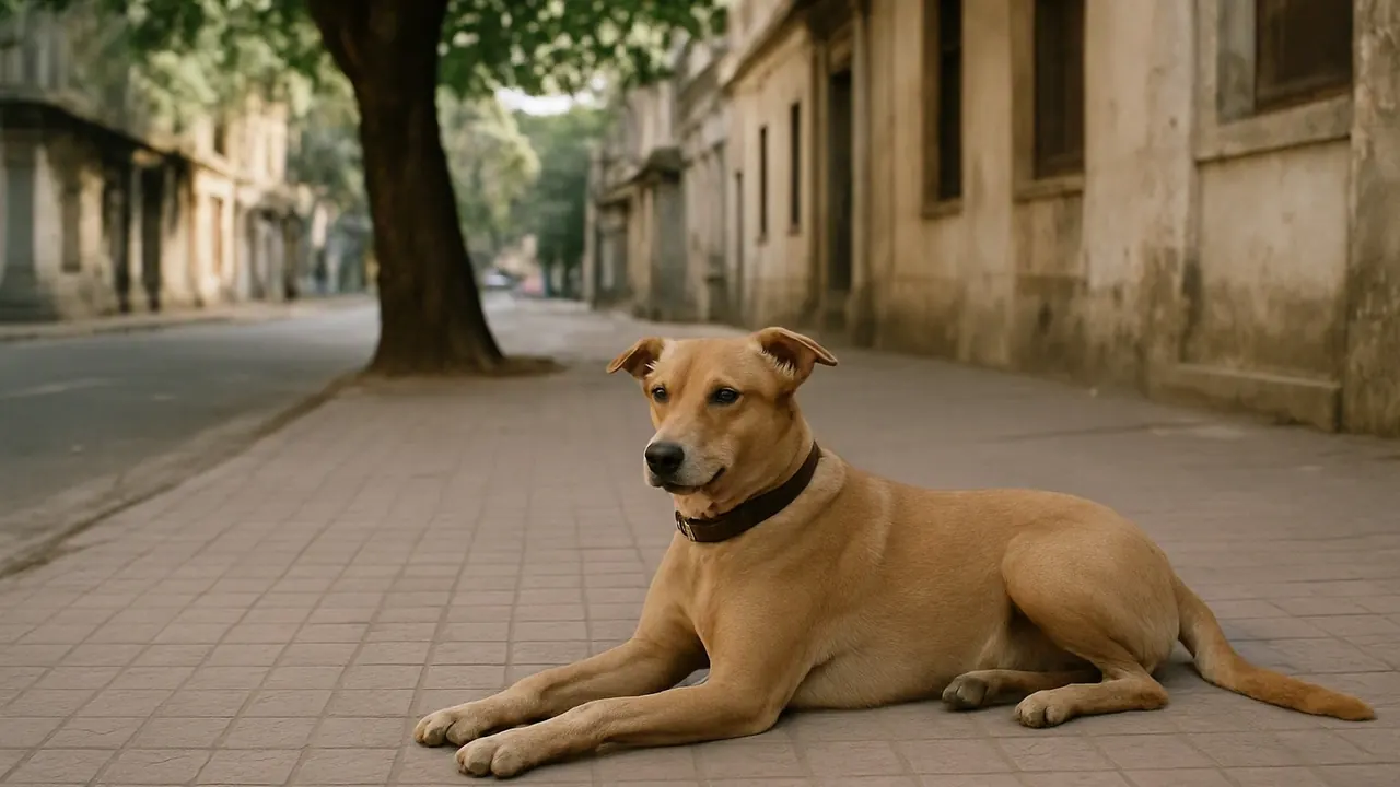 A calm street dog resting under a rain tree on a Mumbai footpath, context for the best dog for Mumbai