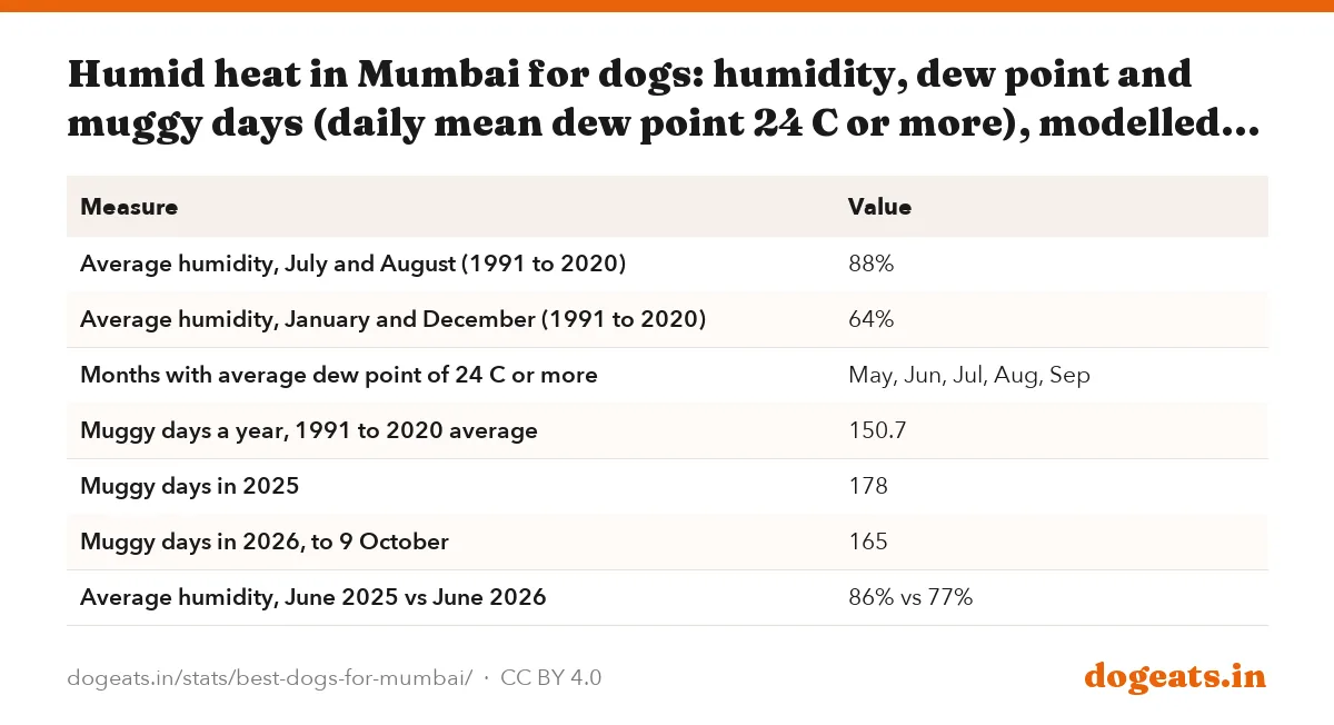 Humid heat in Mumbai for dogs: humidity, dew point and muggy days (daily mean dew point 24 C or more), modelled ERA5 data