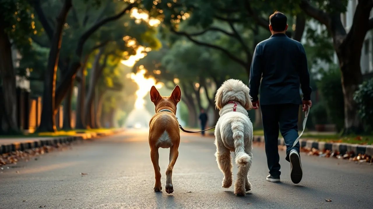 An Indian Pariah Dog and a Poodle walking down a tree-lined street at sunrise, the best dogs for Pune
