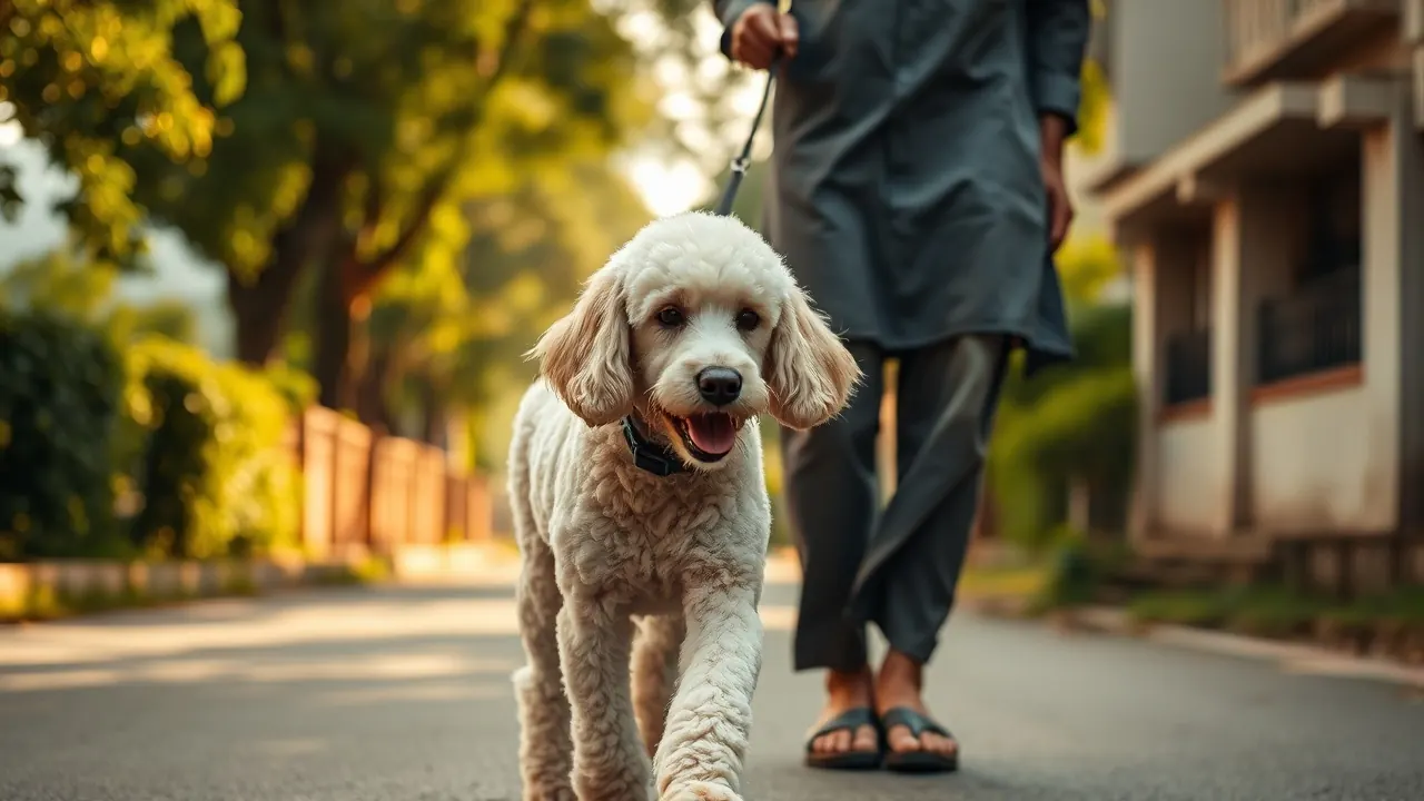 A cream Poodle on an early morning walk in a leafy Pune lane, one of the best dogs for Pune