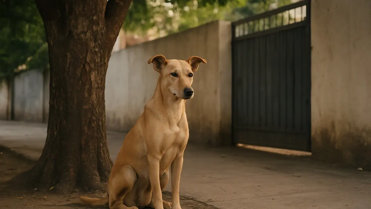 A fawn Indian Pariah Dog resting under a banyan tree near a Pune housing society, a top dog for Pune