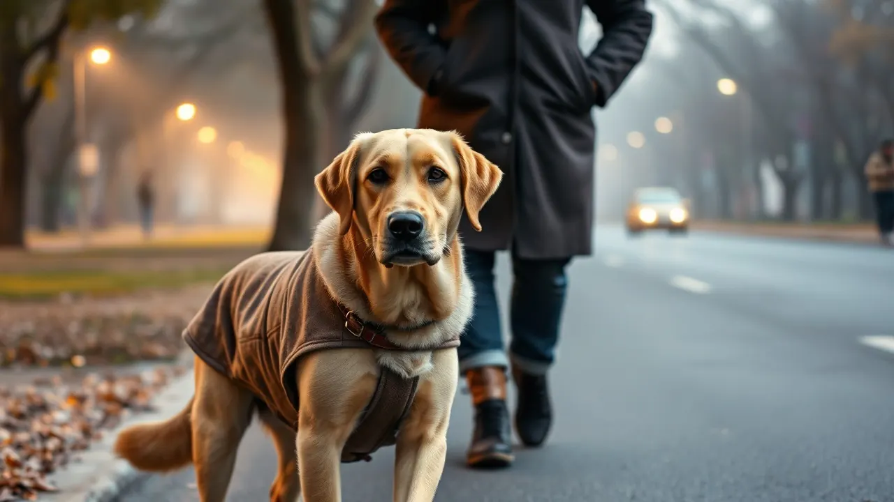 A Labrador in a fleece coat on a misty Chandigarh winter walk, winter care for the best dogs for Punjab