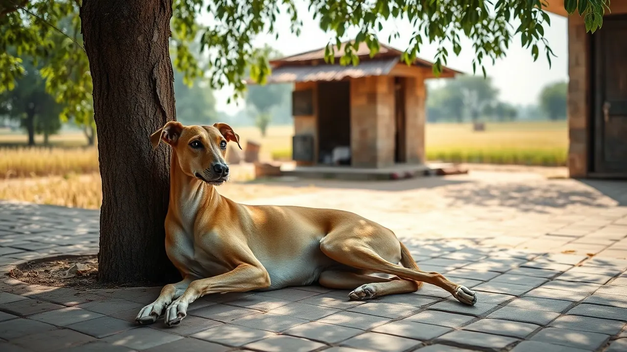 A lean fawn sighthound resting in shade at a Punjab farmhouse, one of the best dogs for Punjab