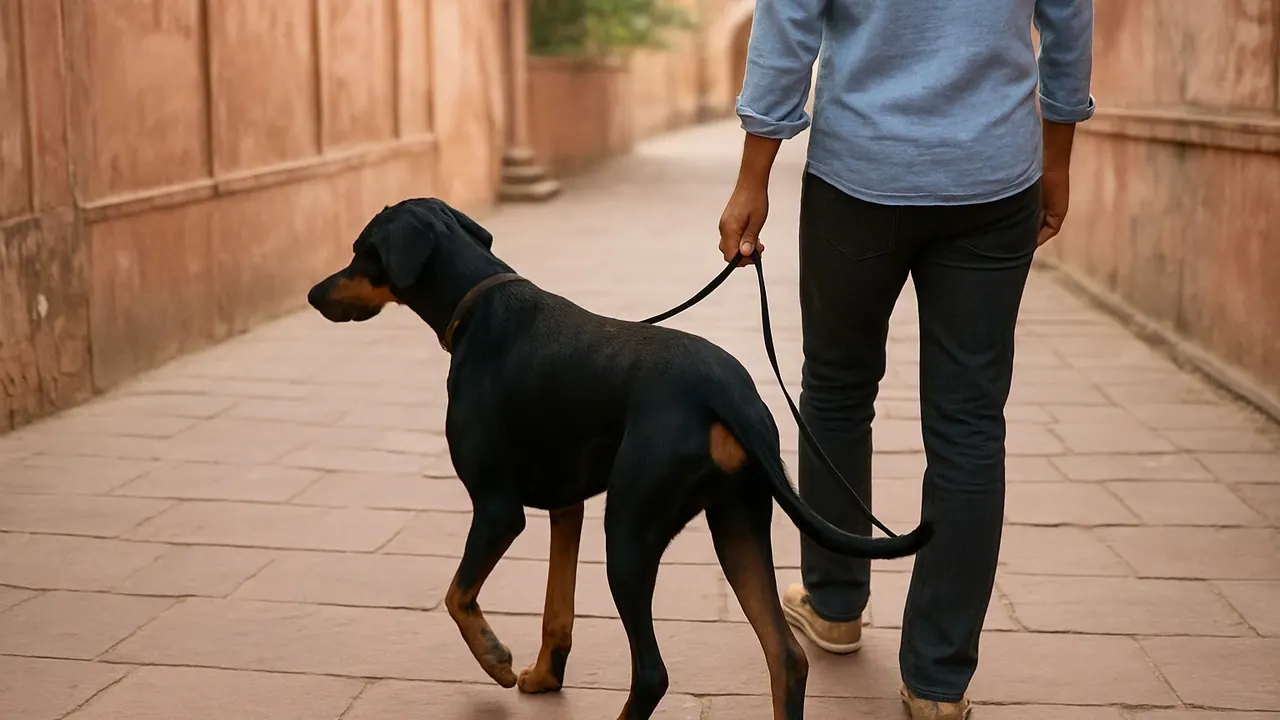 A Dobermann with natural ears on an evening walk past pink sandstone walls, among good dogs for Rajasthan