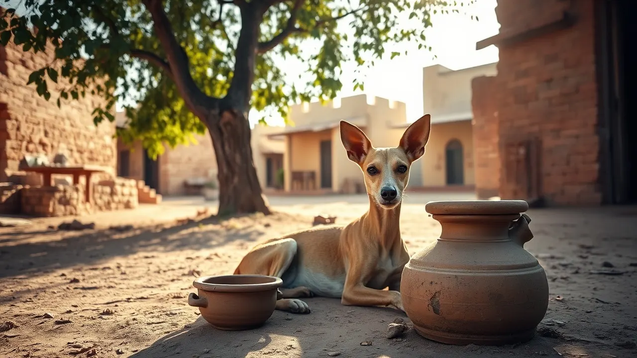A fawn Indian Pariah Dog resting in shade beside a clay water pot in Rajasthan, the best dog for Rajasthan