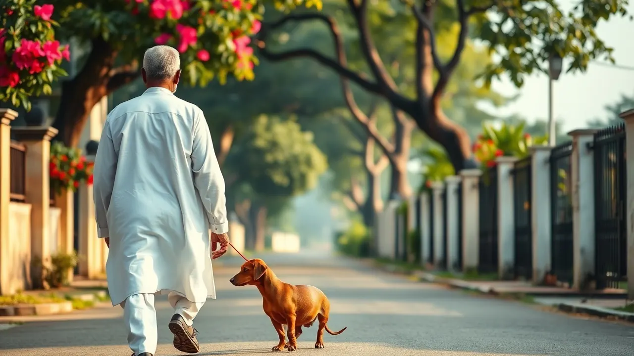 An older man walks a calm Dachshund on a quiet Chennai lane, a strong best dog for senior citizens pick