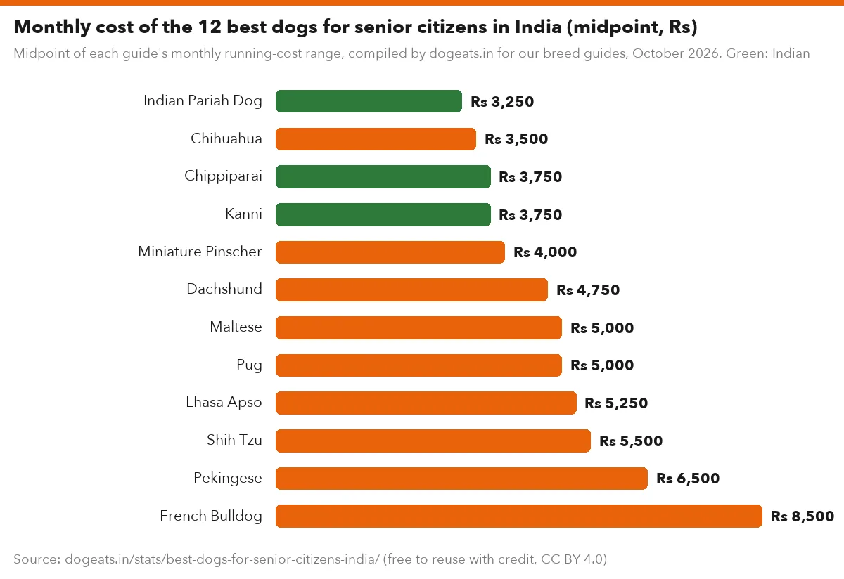 Monthly cost of the 12 best dogs for senior citizens in India (midpoint, Rs)