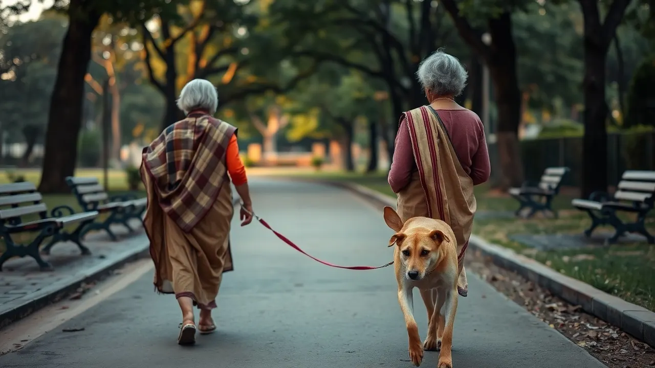 An older woman walks an Indian Pariah Dog in a Pune park, a good best dog for senior citizens choice