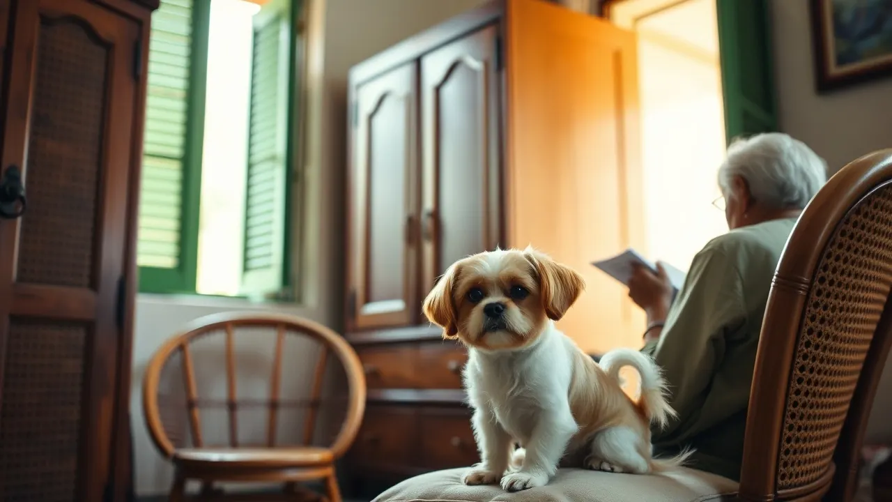 A Shih Tzu sits by an older woman reading at home, a popular best dog for senior citizens pick