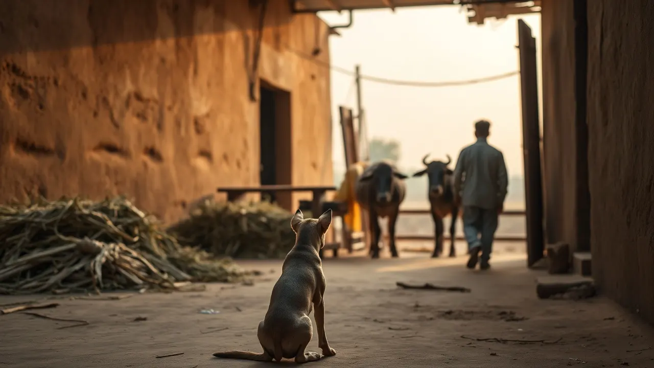 Indian Pariah Dog watching a Punjab farm house gate, a top pick for best dog for village in India