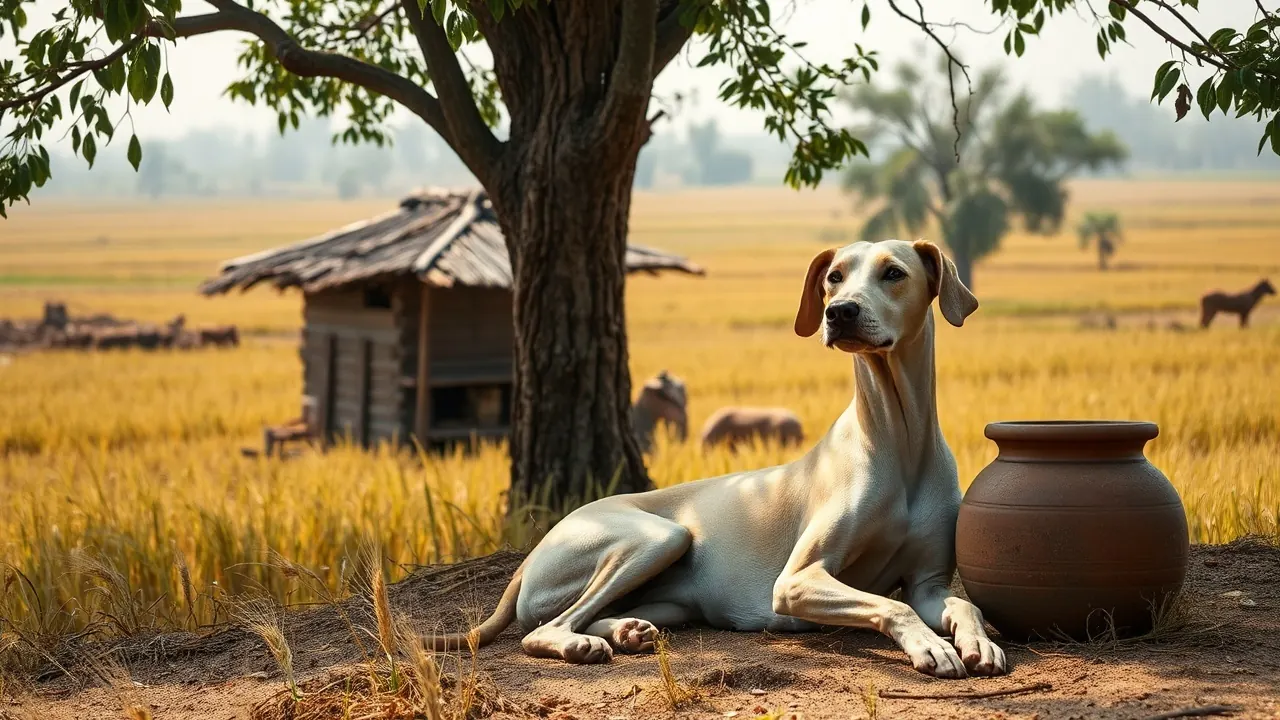 Mudhol Hound resting under a neem tree, a strong pick for best dog for village in India
