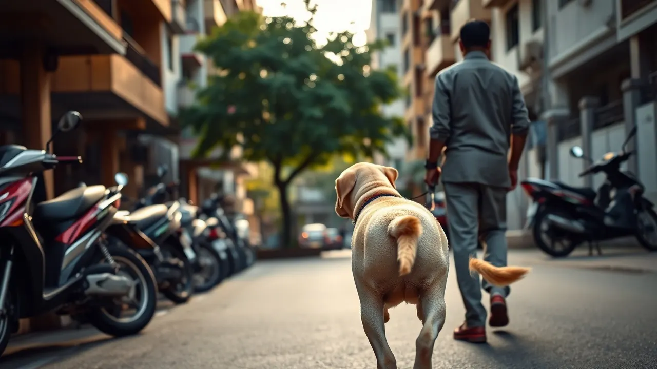 A dog walker takes a Labrador through a Mumbai society, help beside the best dog for working couple homes