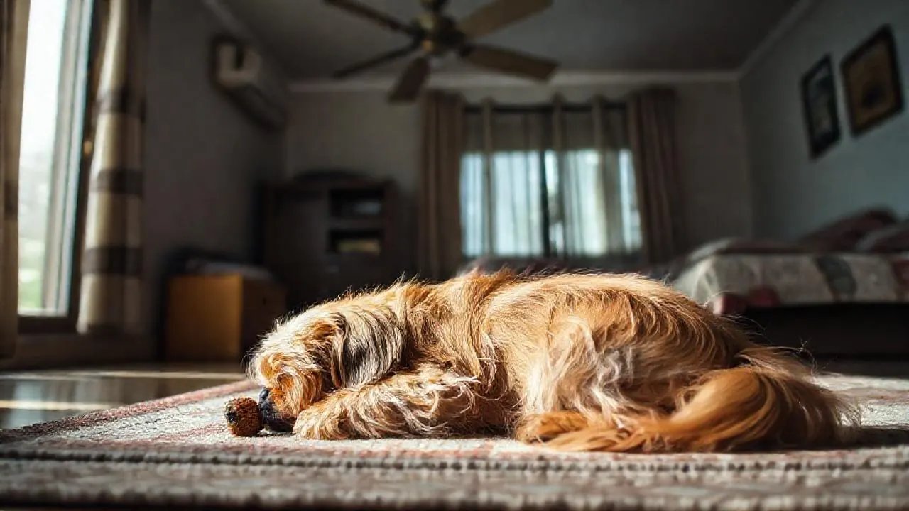 A Lhasa Apso sleeps on a rug in a quiet flat, a strong best dog for working couple pick