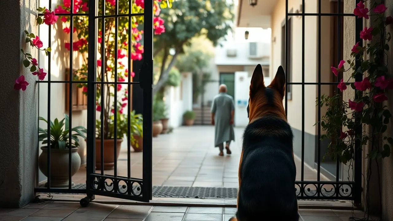 Calm German Shepherd at an Indian house gate, a common pick for best guard dog for home in India