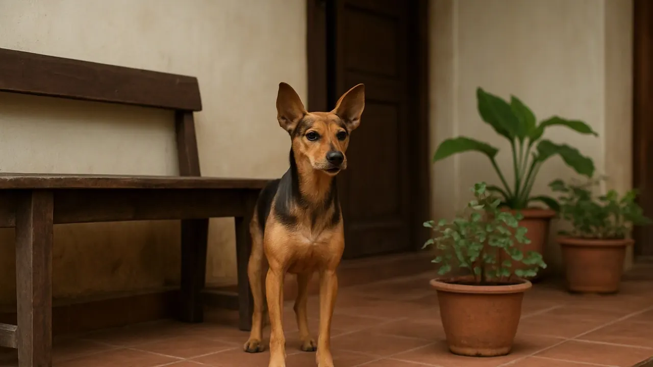 An alert indie dog stands on the verandah of an Indian house, a budget guard dog for home in India