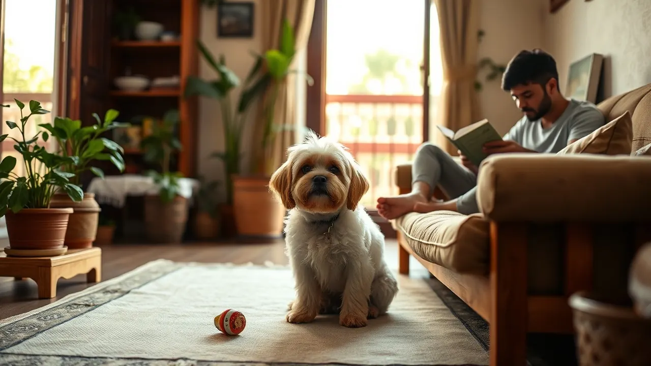 A small Lhasa Apso with a short clip sitting calmly on a rug in a compact Indian apartment living room