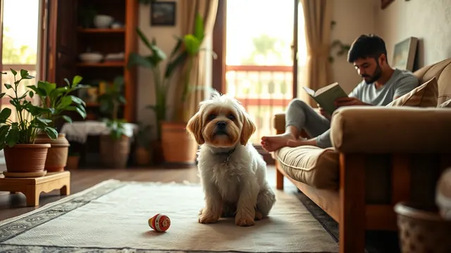 A small Lhasa Apso with a short clip sitting calmly on a rug in a compact Indian apartment living room