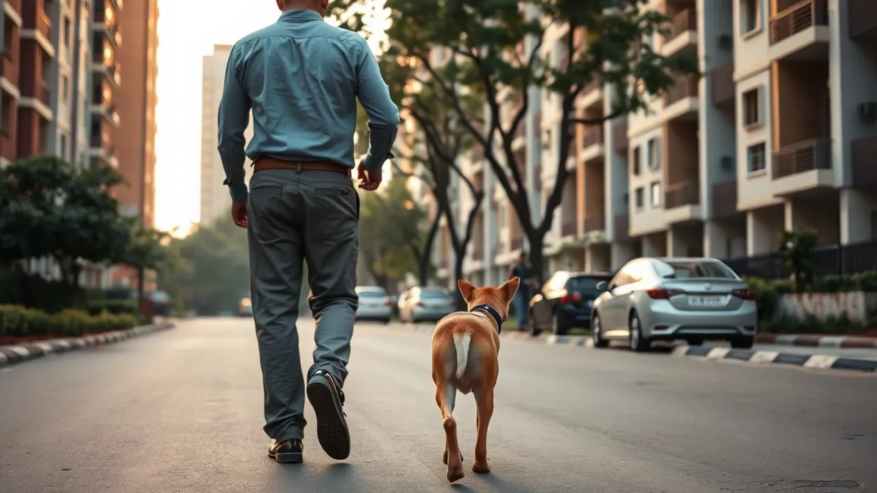 A person walking an Indian Pariah Dog on a leash between apartment towers in a housing society at dawn