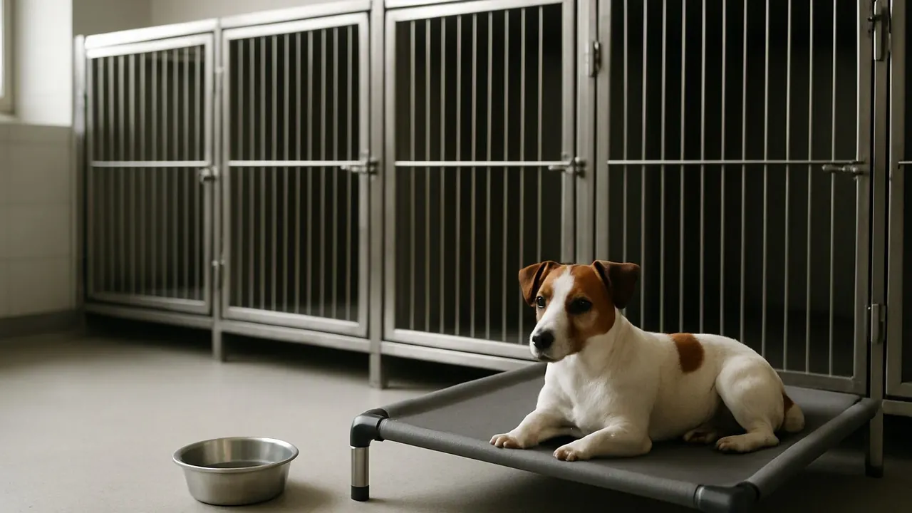 A Jack Russell Terrier rests in a clean quarantine kennel after bringing a pet dog to India