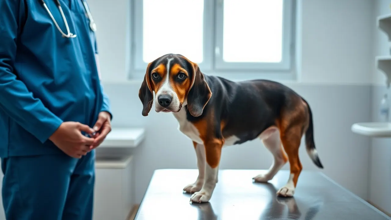 A Beagle on a clinic table gets a rabies check before bringing a pet dog to India