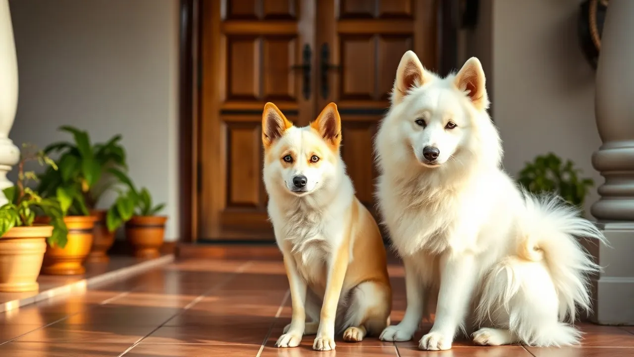 A fawn Indie and a white Samoyed on a verandah, the cheapest and most expensive dog in India