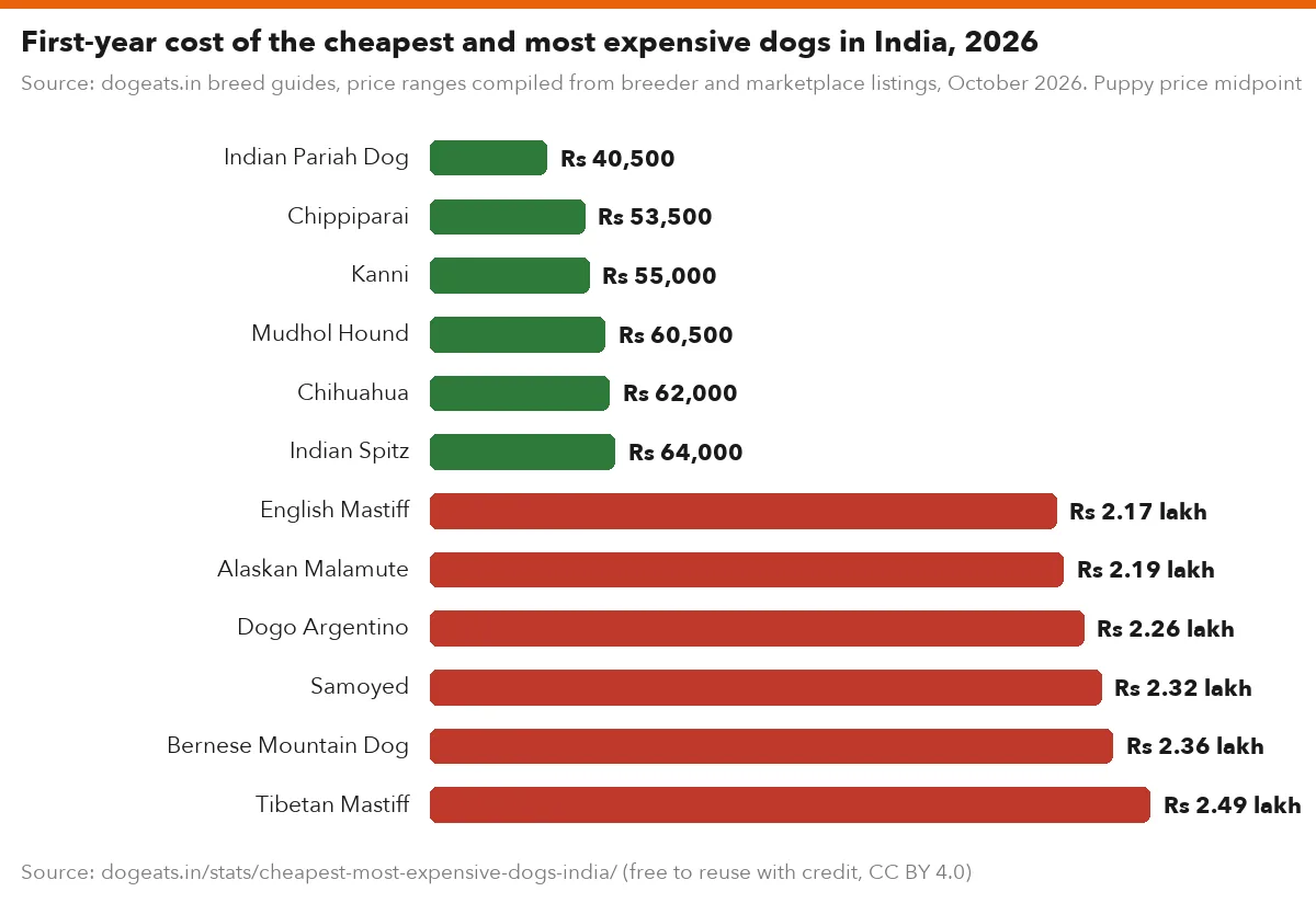 First-year cost of the cheapest and most expensive dogs in India, 2026