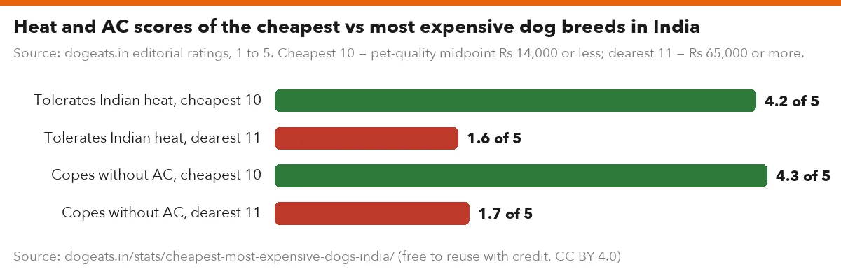 Heat and AC scores of the cheapest vs most expensive dog breeds in India