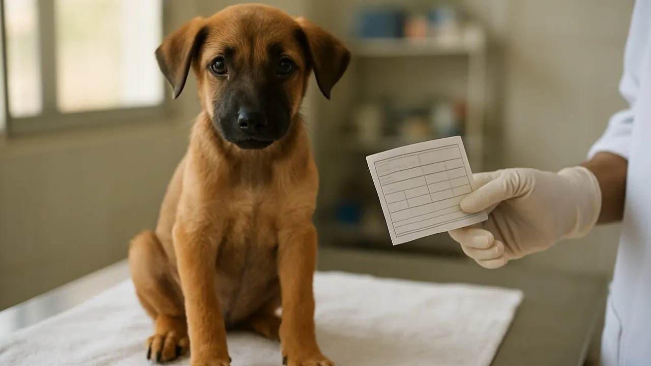 A healthy indie puppy at a vet clinic during a health check before adoption, cheapest dogs in India