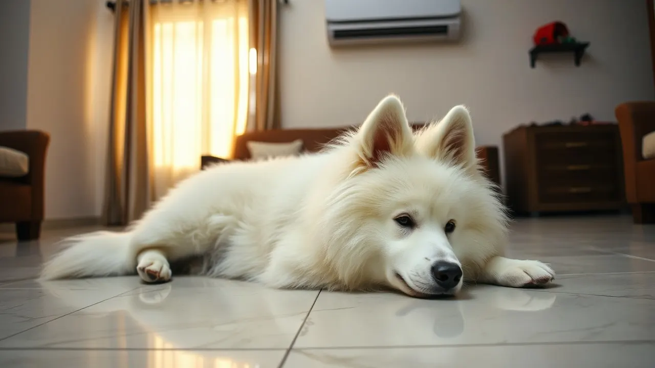 A white Samoyed resting on cool marble tiles under an AC, one of the most expensive dogs in India
