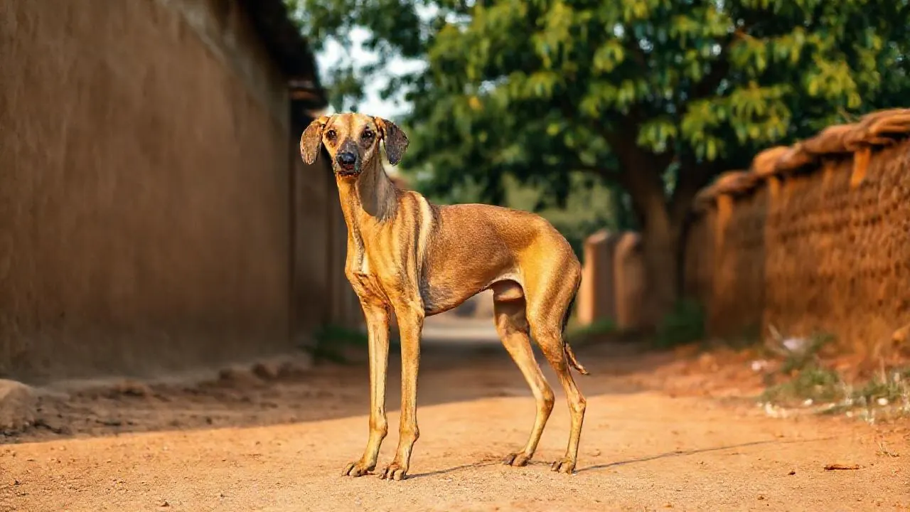 A lean fawn Mudhol Hound on a village lane in Karnataka, among the cheapest dog breeds in India