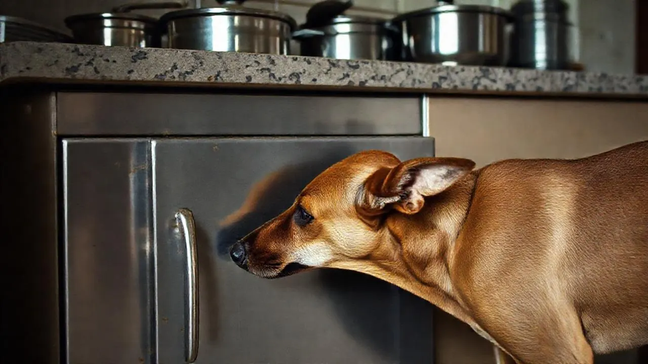 A brown Indian Pariah dog sniffs at a closed steel kitchen cupboard in an Indian home