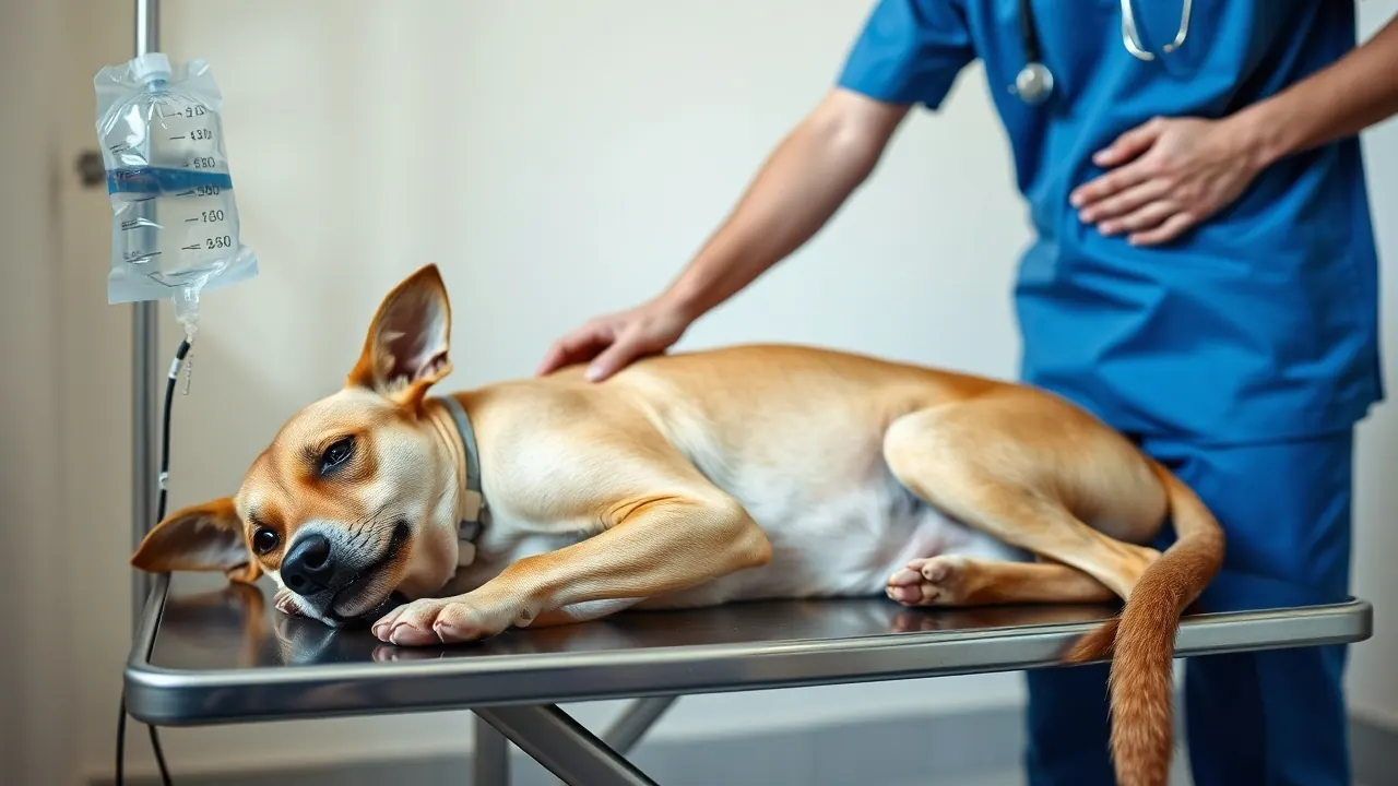 A tan Indian Pariah dog on a clinic table with a drip line taped to its front leg