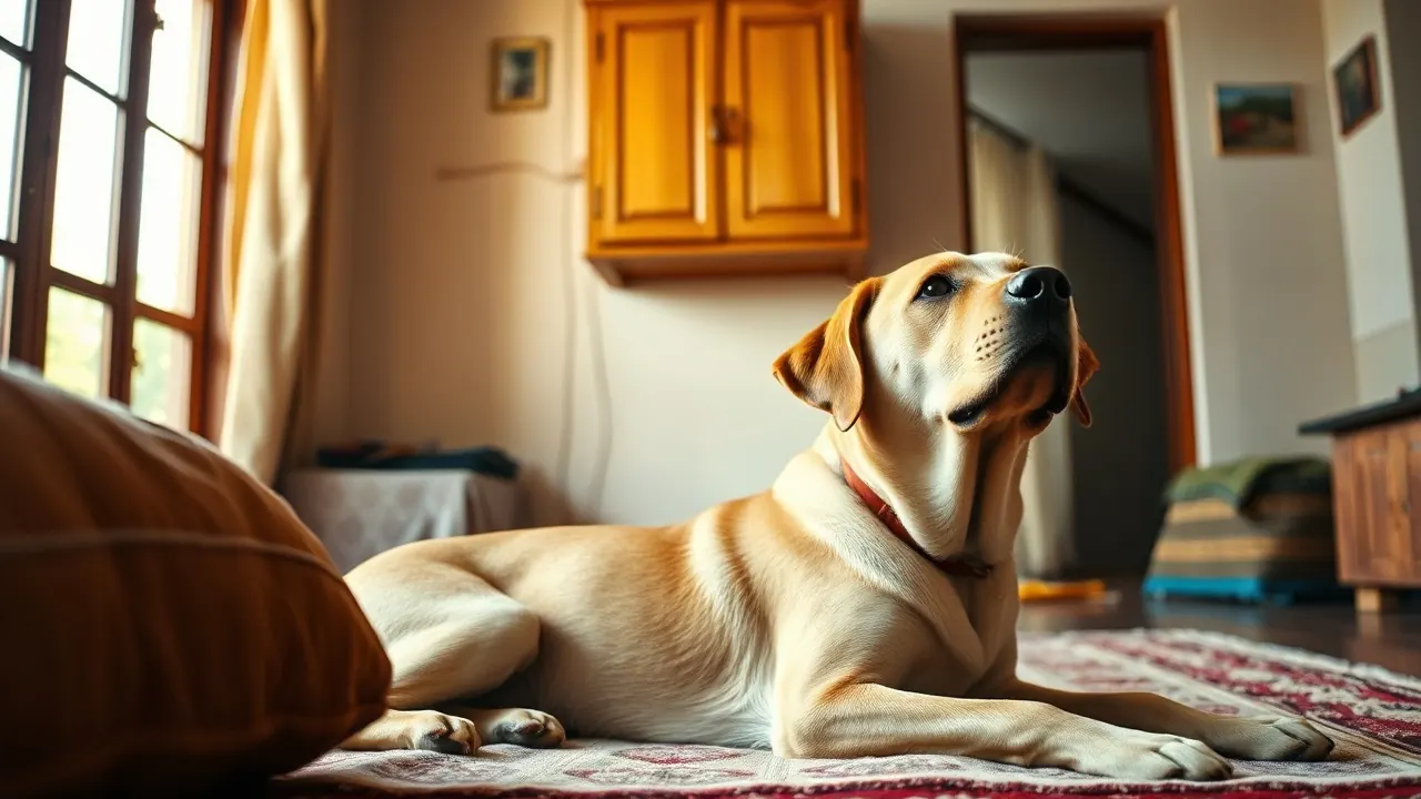 A golden Labrador lies on a dhurrie looking up at a closed wooden cabinet mounted high on a wall