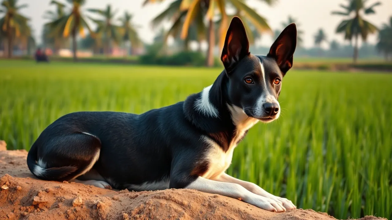 A black and white village dog rests on a mud bund beside a green paddy field with coconut palms behind