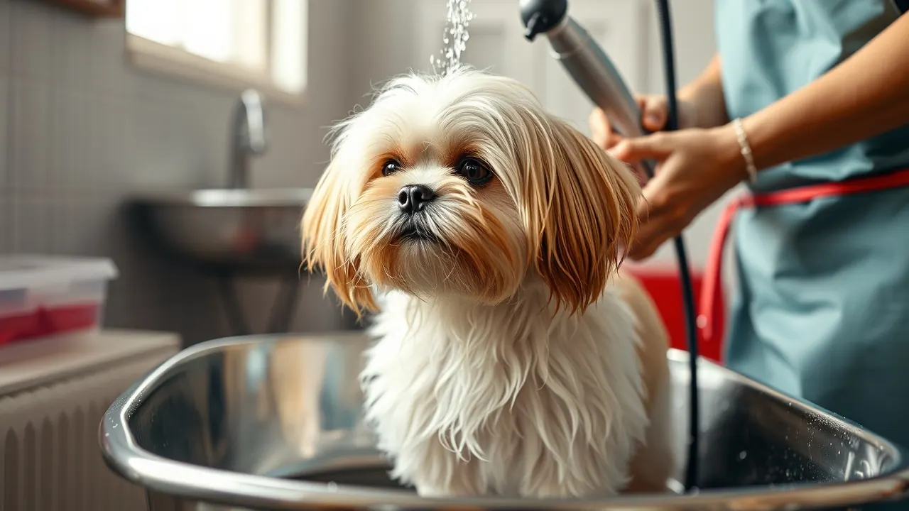 Shih Tzu bathed in a steel salon tub, part of the cost of owning a dog by city