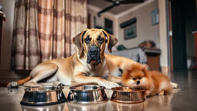 A fawn Great Dane and a small orange Pomeranian lying on a tiled floor beside two steel food bowls