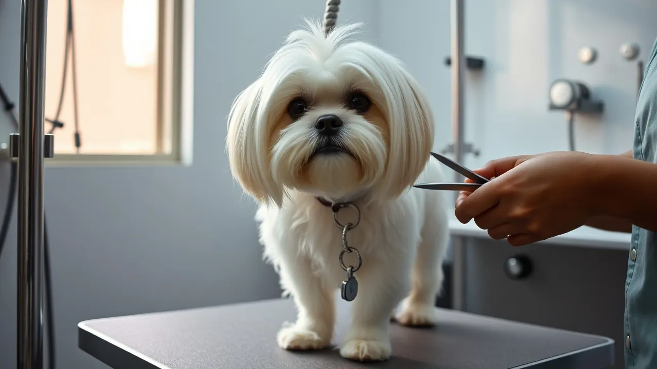 A white Shih Tzu standing on a grooming table while a groomer trims its long coat with scissors