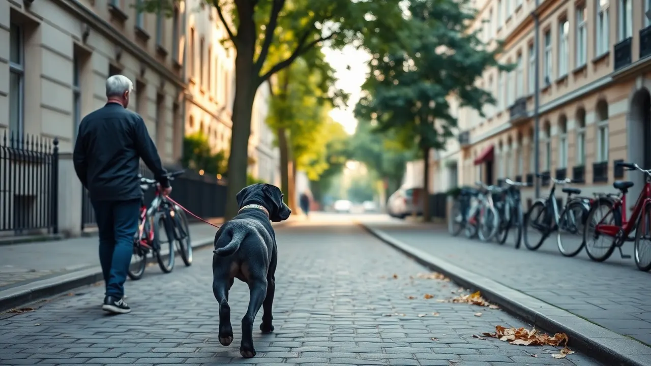 Ein schwarzer Labrador an der Leine auf einem Gehweg vor Berliner Altbauten, Symbolbild zur Berliner Hundebiss-Statistik