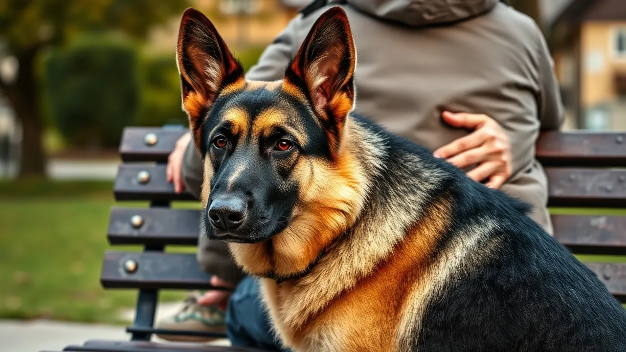 Ein Deutscher Schäferhund sitzt ruhig neben seinem Halter auf einer Parkbank, Symbolbild zur Beißstatistik nach Hunderassen