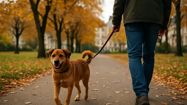 Ein Mischlingshund an der Leine auf einem Parkweg in einer deutschen Stadt, Symbolbild zu Beißvorfällen