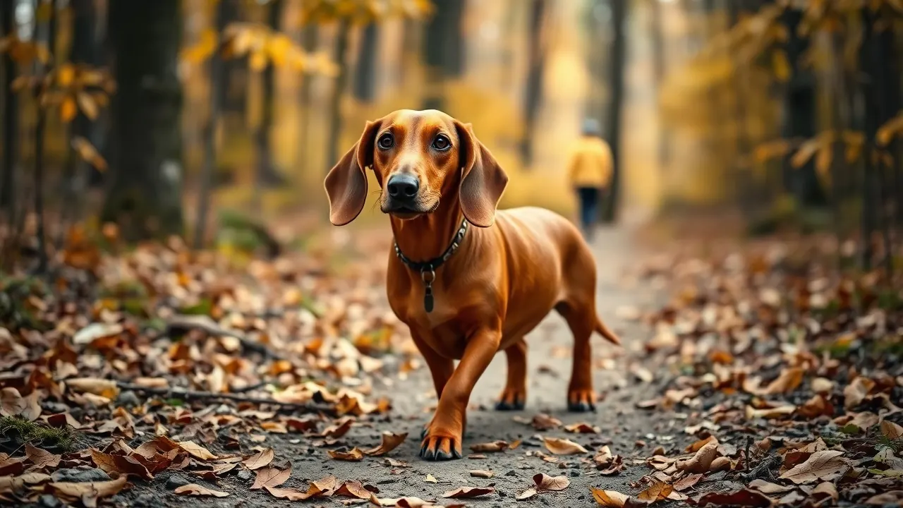 Ein rotbrauner Kurzhaardackel läuft auf einem Waldweg im Herbst, Teckel ist Platz 2 der beliebtesten Hunderassen