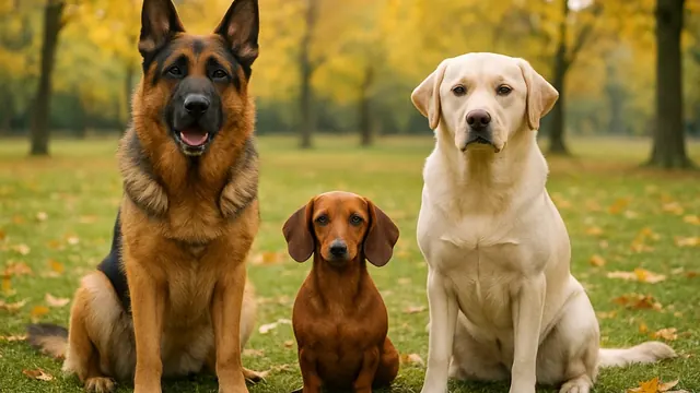 Ein Schäferhund, ein Dackel und ein Labrador sitzen im Park, Symbolbild zu den beliebtesten Hunderassen in Deutschland