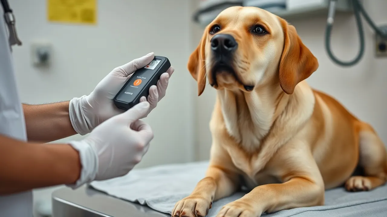 Ein junger Labrador wird in einer Tierarztpraxis mit einem Chiplesegerät gescannt, Thema Hunderassen und Registrierung