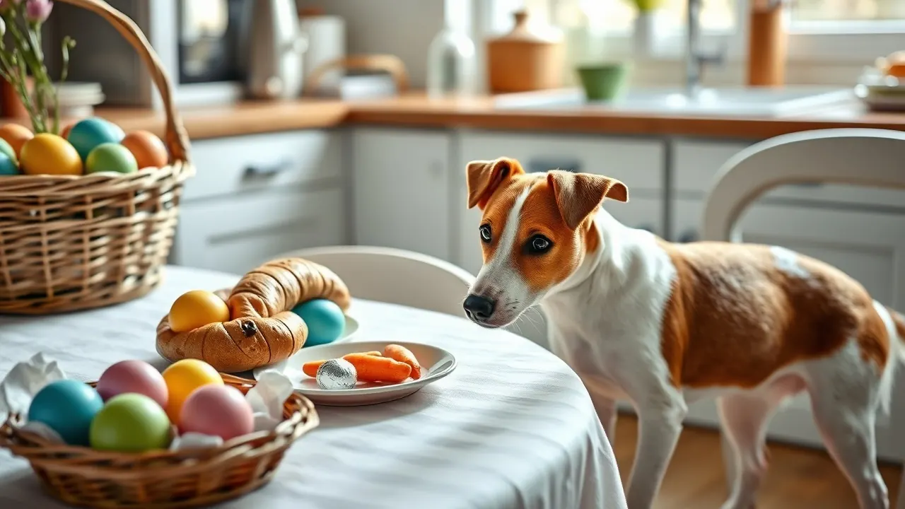 Jack Russell Terrier schnuppert am Ostertisch mit Eiern, Hefezopf mit Rosinen und Schokoladeneiern, Symbolbild Ostern und Hunde