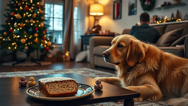 Golden Retriever liegt vor einem Couchtisch mit Lebkuchen, Stollen und Schokoladenfiguren, Symbolbild gefährliche Lebensmittel für Hunde an Weihnachten