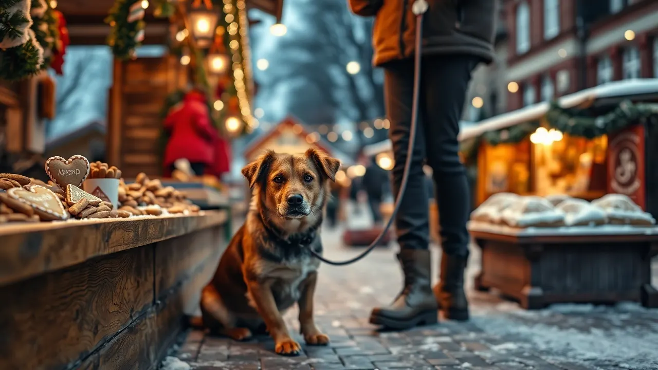 Hund an der Leine vor einem Weihnachtsmarktstand mit Lebkuchen, gebrannten Mandeln und Stollen, Symbolbild Weihnachten und Hunde