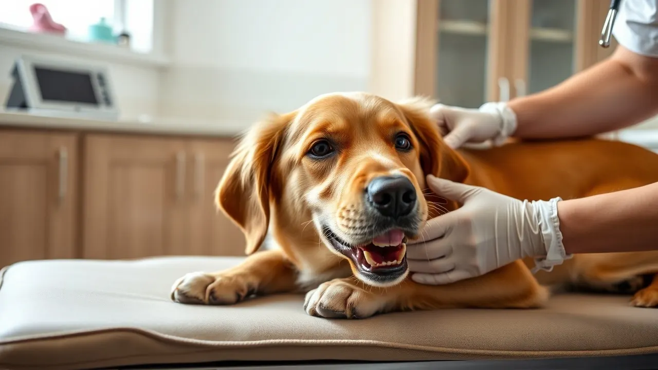 Ein Golden Retriever liegt ruhig auf einem Behandlungstisch, behandschuhte Hände prüfen sein Zahnfleisch
