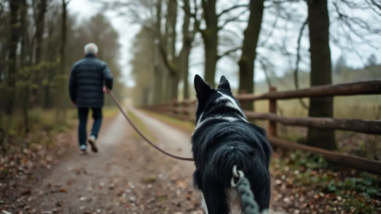 Ein Border Collie an der Schleppleine auf einem Waldweg am Rand einer Kleinstadt, daneben ein Holzzaun und Buchen